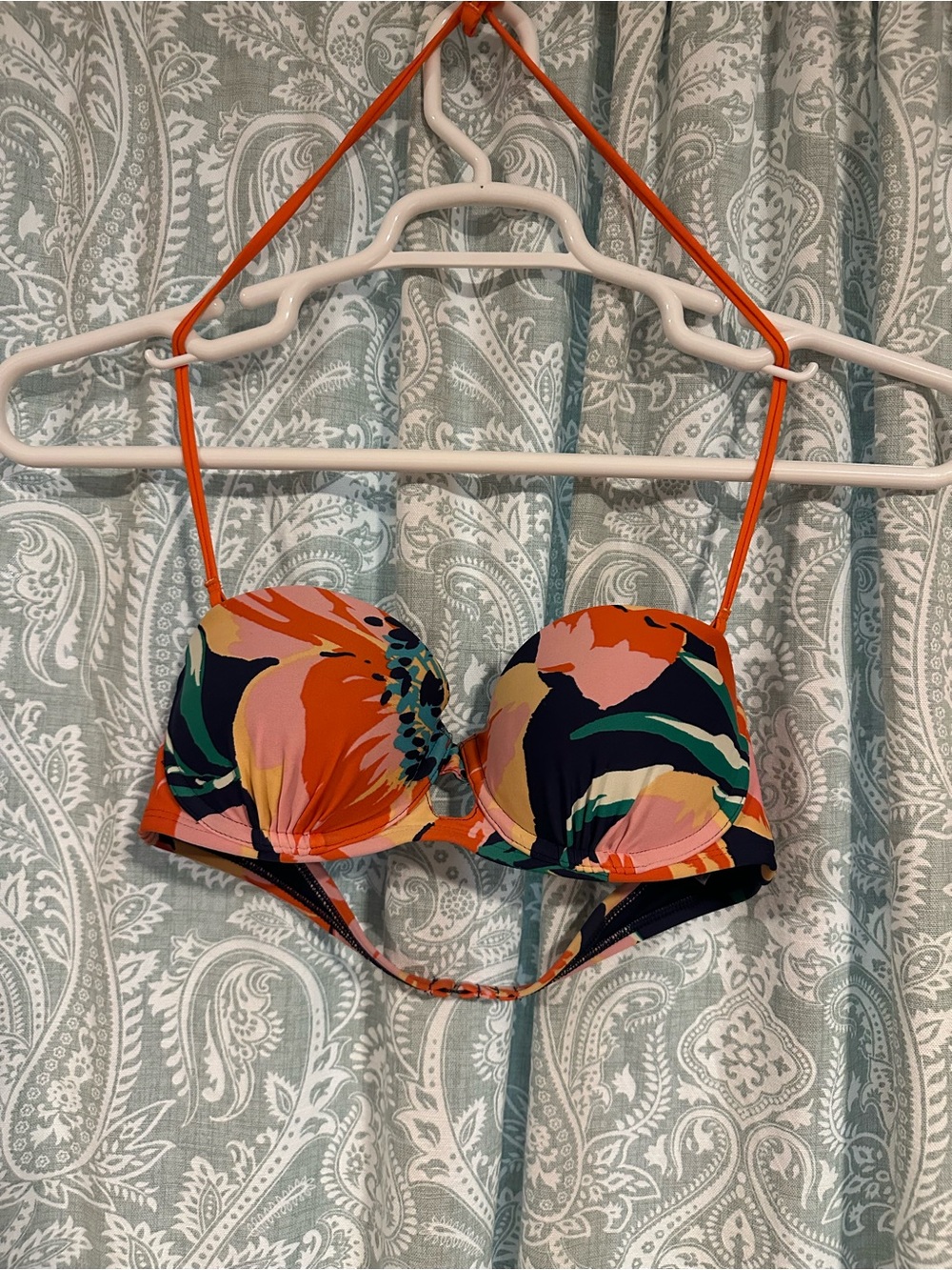 Floral Printed Push-Up Bikini Top in Orange and Navy